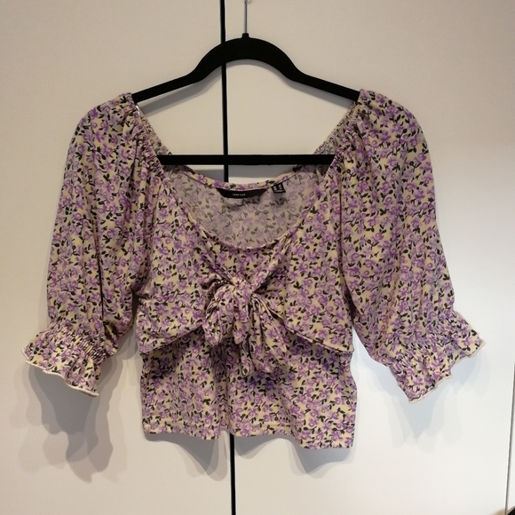 OLD - VERO MODA Purple Kimmie Floral Tie Front Top Cottagecore Peasant top XS - Picture 3 of 13